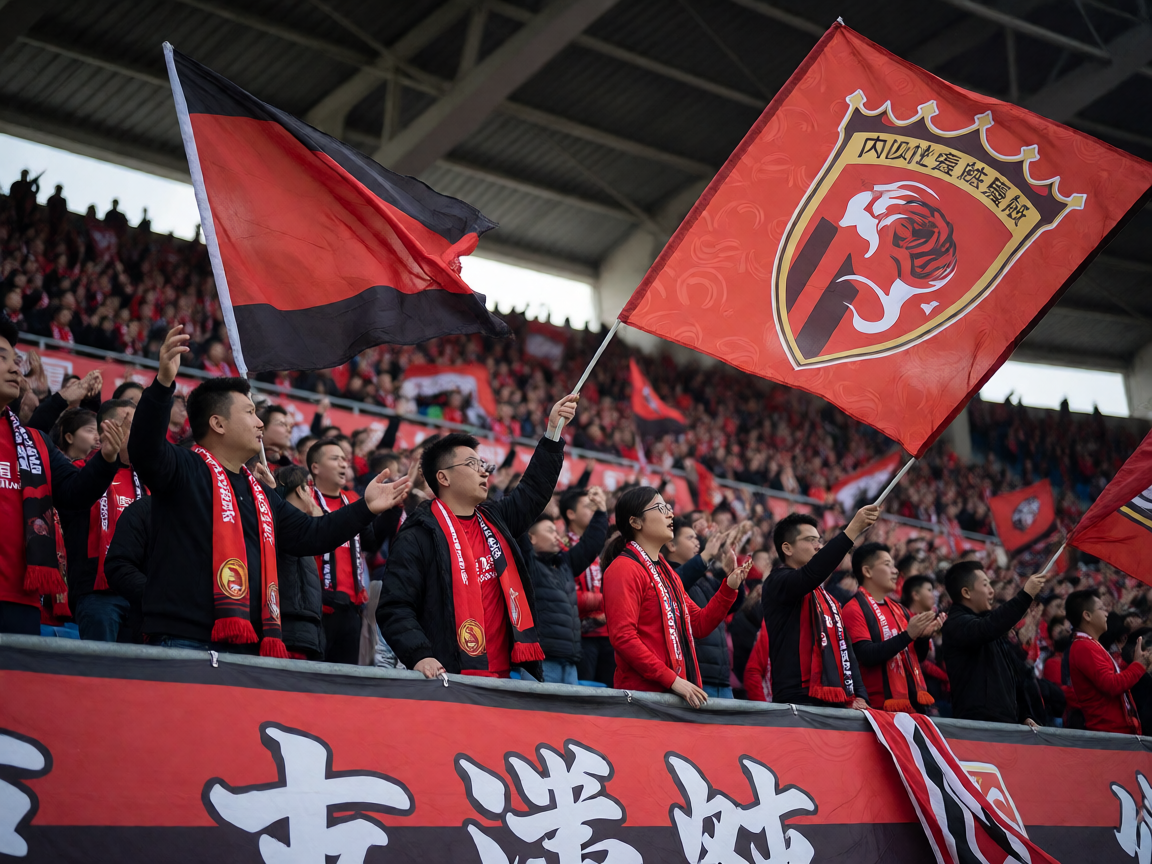 球迷在球场内热情观赛，挥舞旗帜为球队加油助威